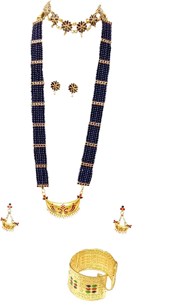 Assamese_Traditional_Gold_Plated_Red_Blue_Colour_Tassel_Combo_Jewellery_Set_For_Women